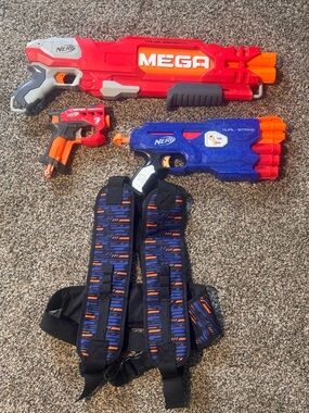 Nerf Red, Blue & Orange Mega and Dual-Strike Blaster Set with Harness lot of 4